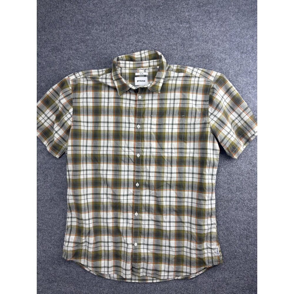 PrAna Shirt Mens 2XL Green Plaid Slim Fit‎ Short Sleeve Button Front Casual